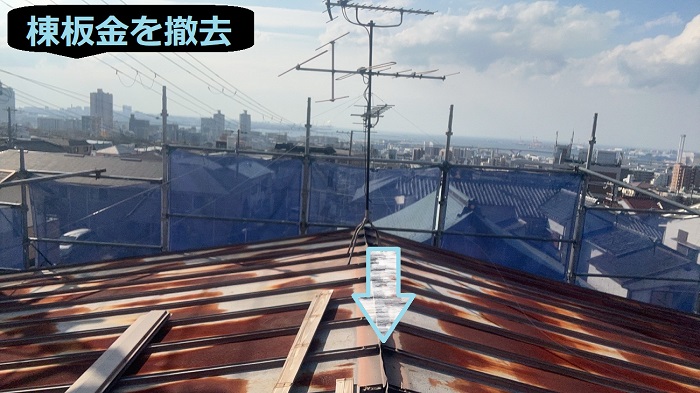 神戸市灘区で屋根板金工事として長さ１０ｍの金属屋根の棟板金交換を行う現場で棟板金撤去